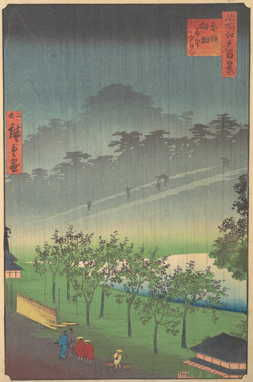 Avondzicht op Kiribata in de regen bij Akasaka door Utagawa Hiroshige II