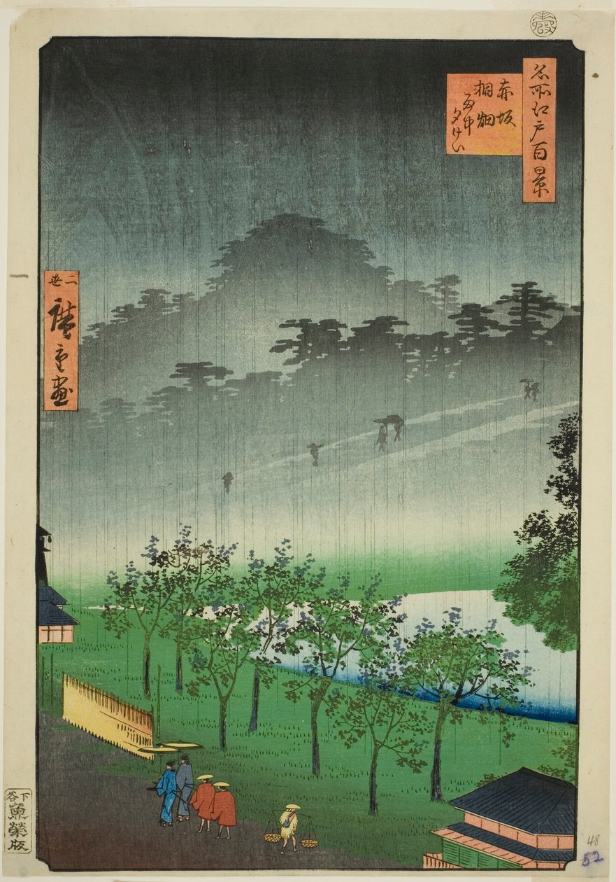 Nachtregen bij het Paulownia-bos in Akasaka, uit de serie "Honderd beroemde uitzichten van Edo" door Utagawa Hiroshige II