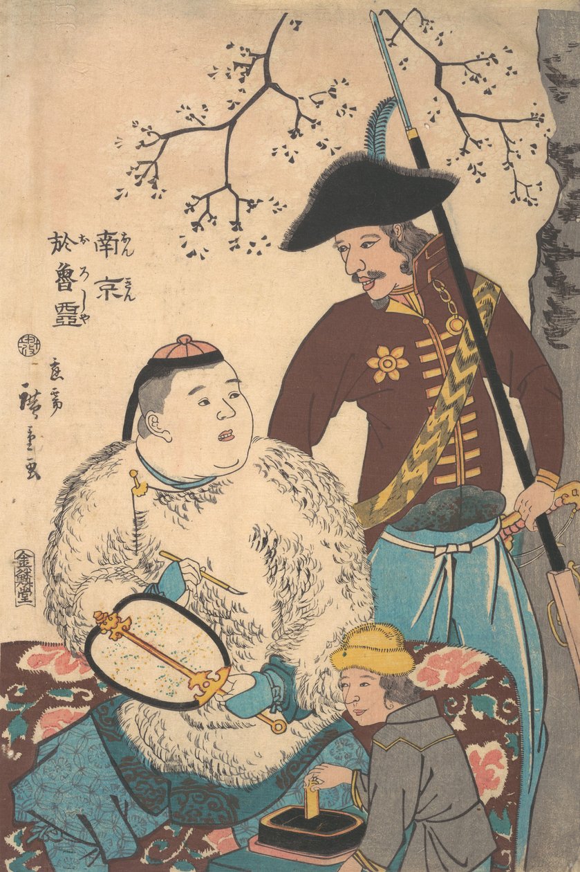 Russen en een Chinees die een waaier beschrijven, 12e maand, 1860 door Utagawa Hiroshige II