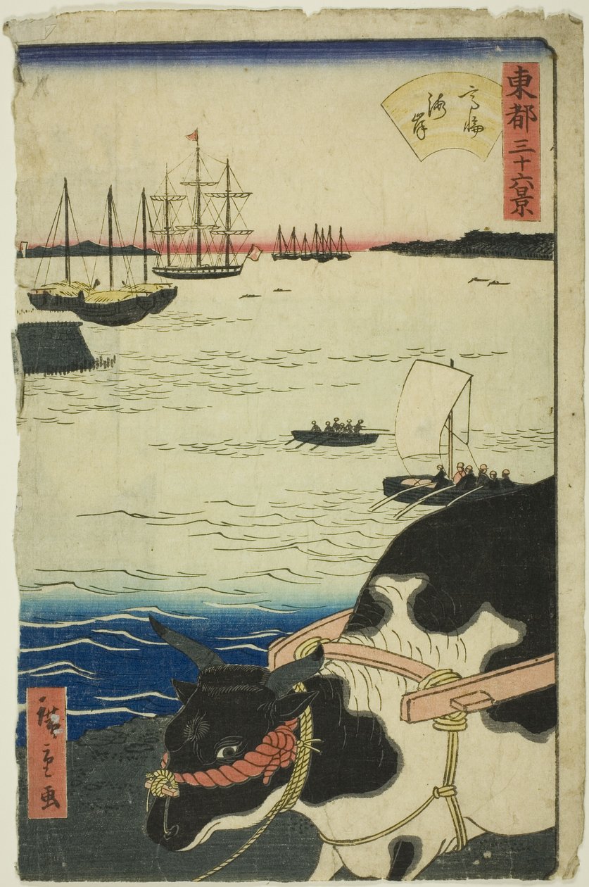 Het strand bij Takanawa (Takanawa kaigan), uit de serie "Zesendertig uitzichten van de oostelijke hoofdstad (Toto sanjurokkei)" door Utagawa Hiroshige II