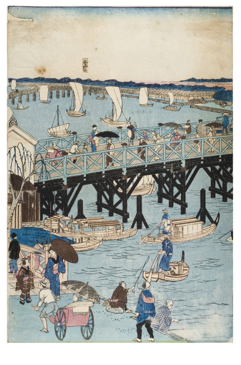 Beroemde Plaatsen in Tokio, Echt Uitzicht op de Ryogoku Brug door Utagawa II Hiroshige