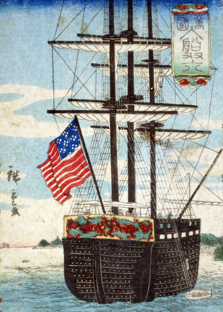 Buitenlandse schepen die de haven aandoen, (Bankoku nyusen sugoroku), 1860 door Utagawa II Hiroshige