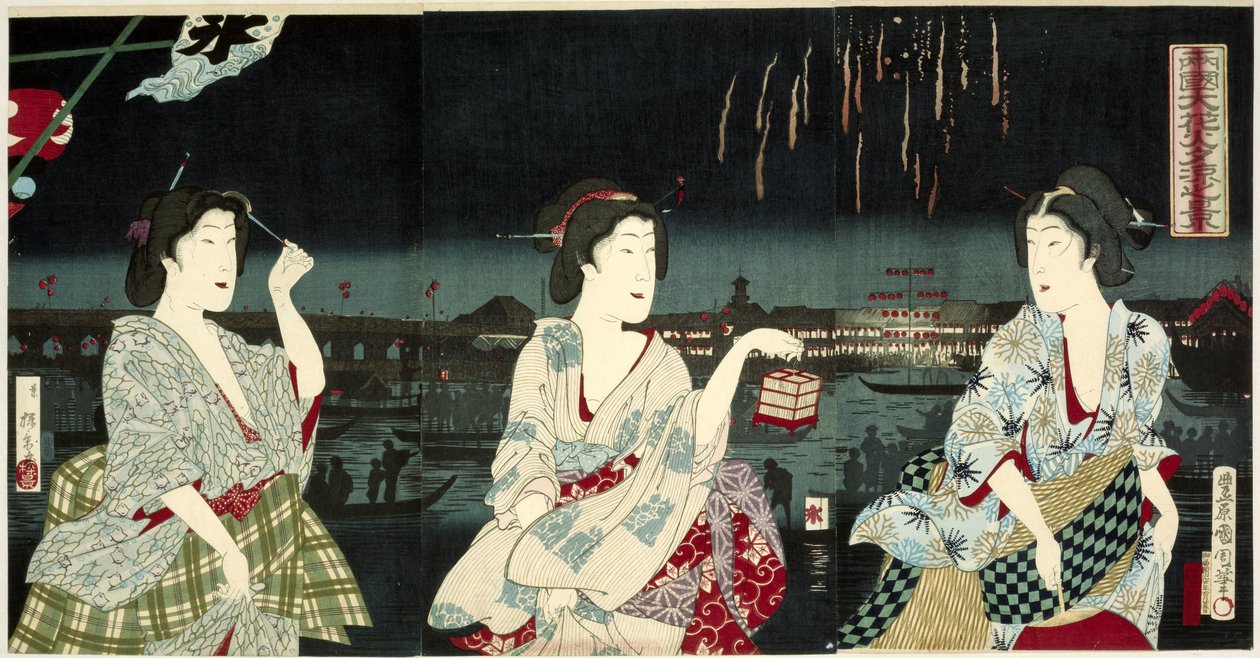 Genietend van het avondbriesje tijdens het vuurwerk te Ryogoku door Utagawa Kunichika