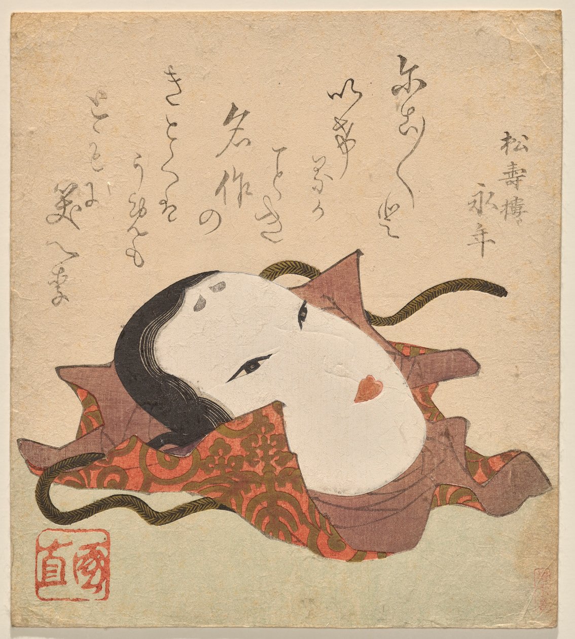 Nō-masker in een brokaat wikkeldoek versierd met een paulownia-motief door Utagawa Kuninao