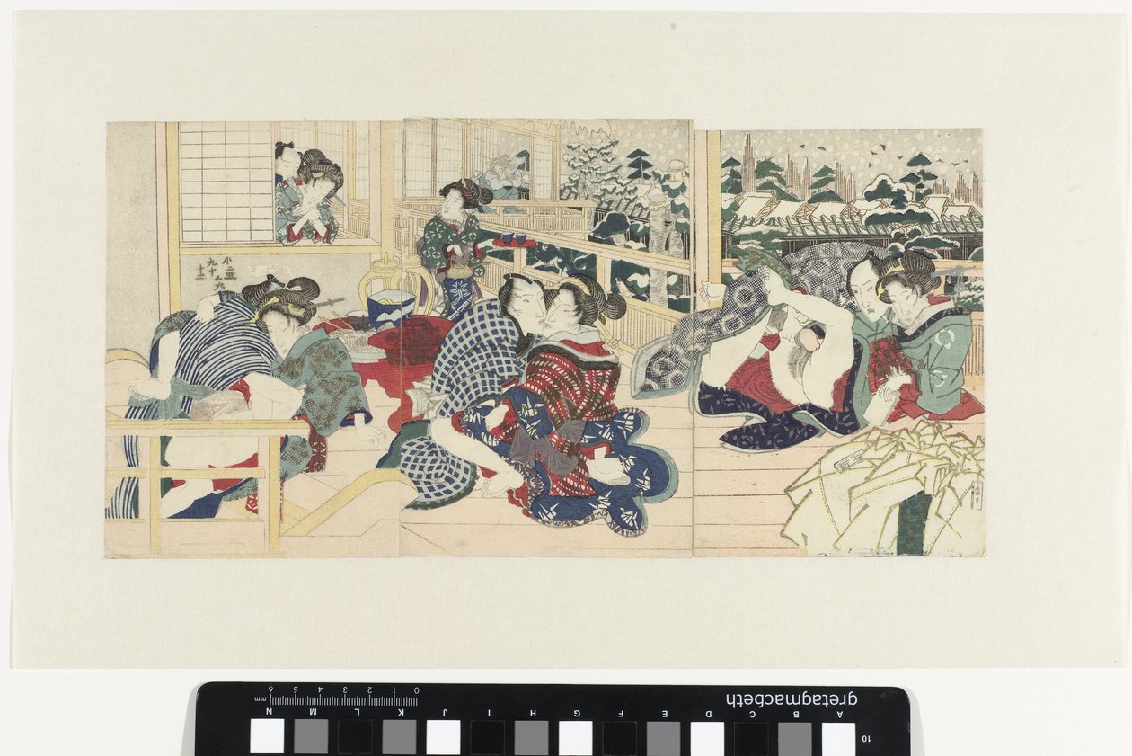 Liefdesparen op terras in winter door Utagawa Kunisada (I)