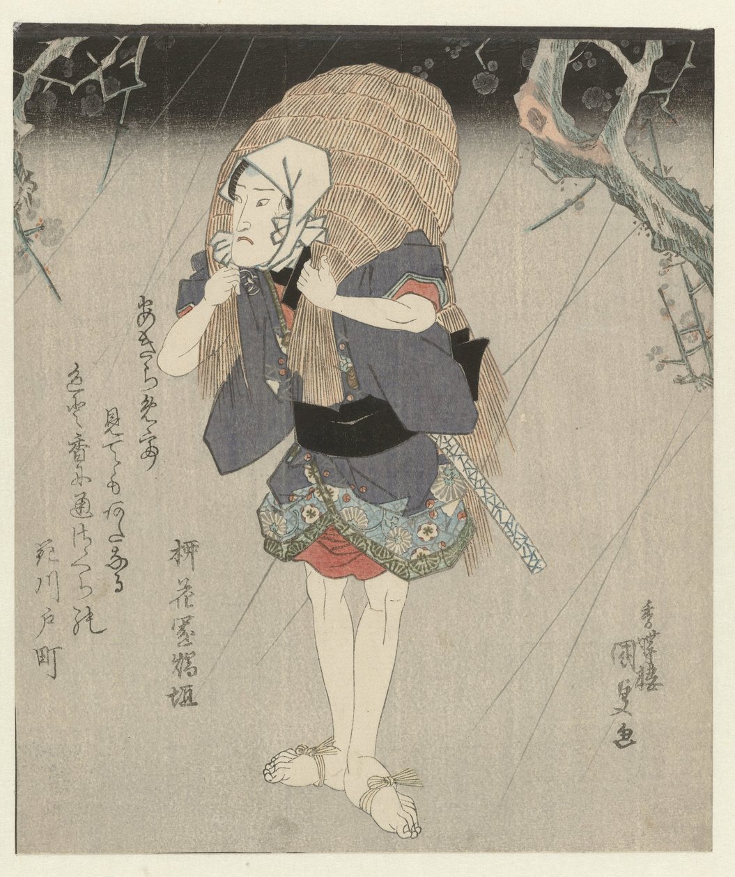 Man in regenjas van stro door Utagawa Kunisada (I)