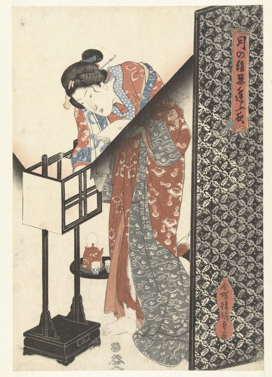 Vrouw bij lamp door Utagawa Kunisada (I)