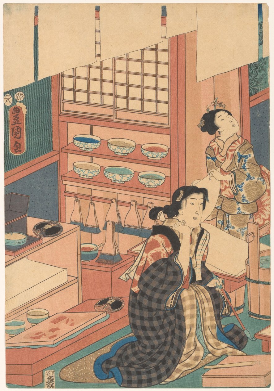 Vrouwen maken prenten (linkerdeel) door Utagawa Kunisada (I)