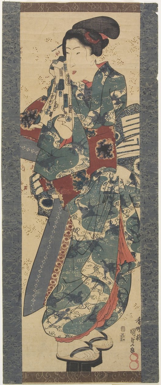 (Vrouw die een handdoek vasthoudt), 1843-1847 door Utagawa Kunisada