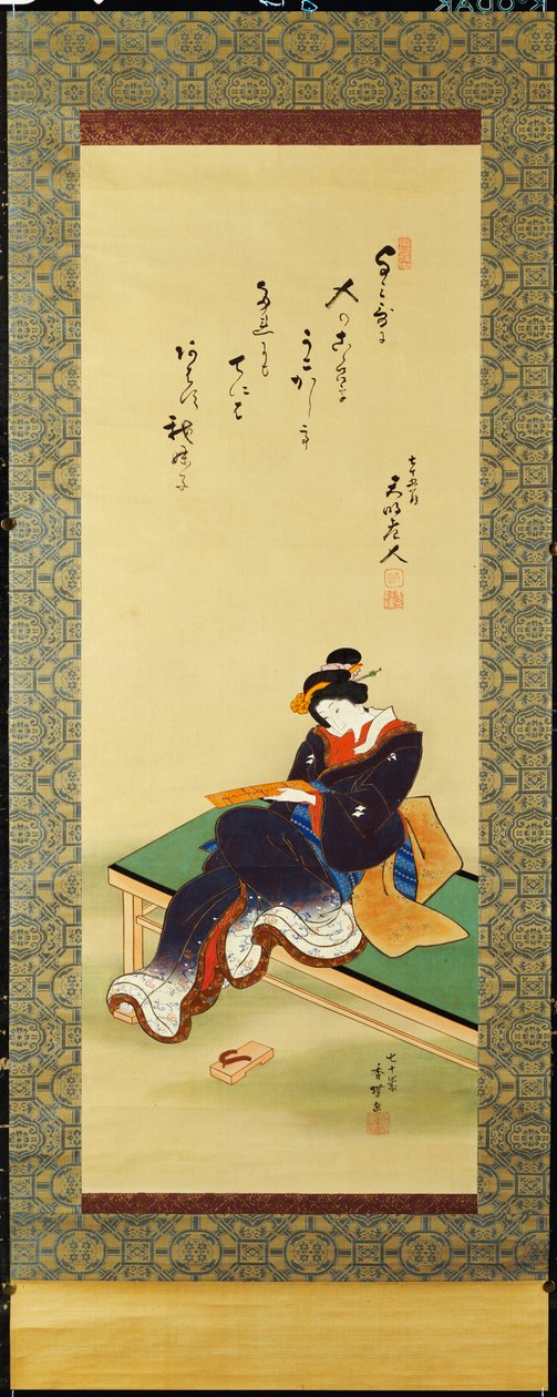 Een vrouw zittend op een bank met een gedichtkaart, ca. 1855 door Utagawa Kunisada