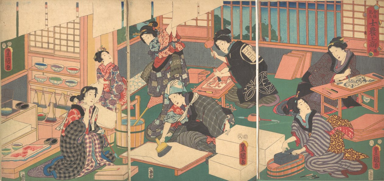 Ambachtslieden, uit de serie Een moderne parodie op de vier klassen, 19e eeuw door Utagawa Kunisada