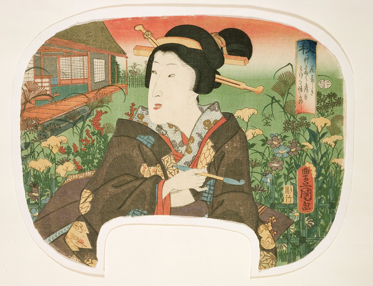 Herfst, Hanayashiki: Een geisha met een pijp, ontwerp voor een waaier uit een set van vier die de seizoenen illustreren door Utagawa Kunisada