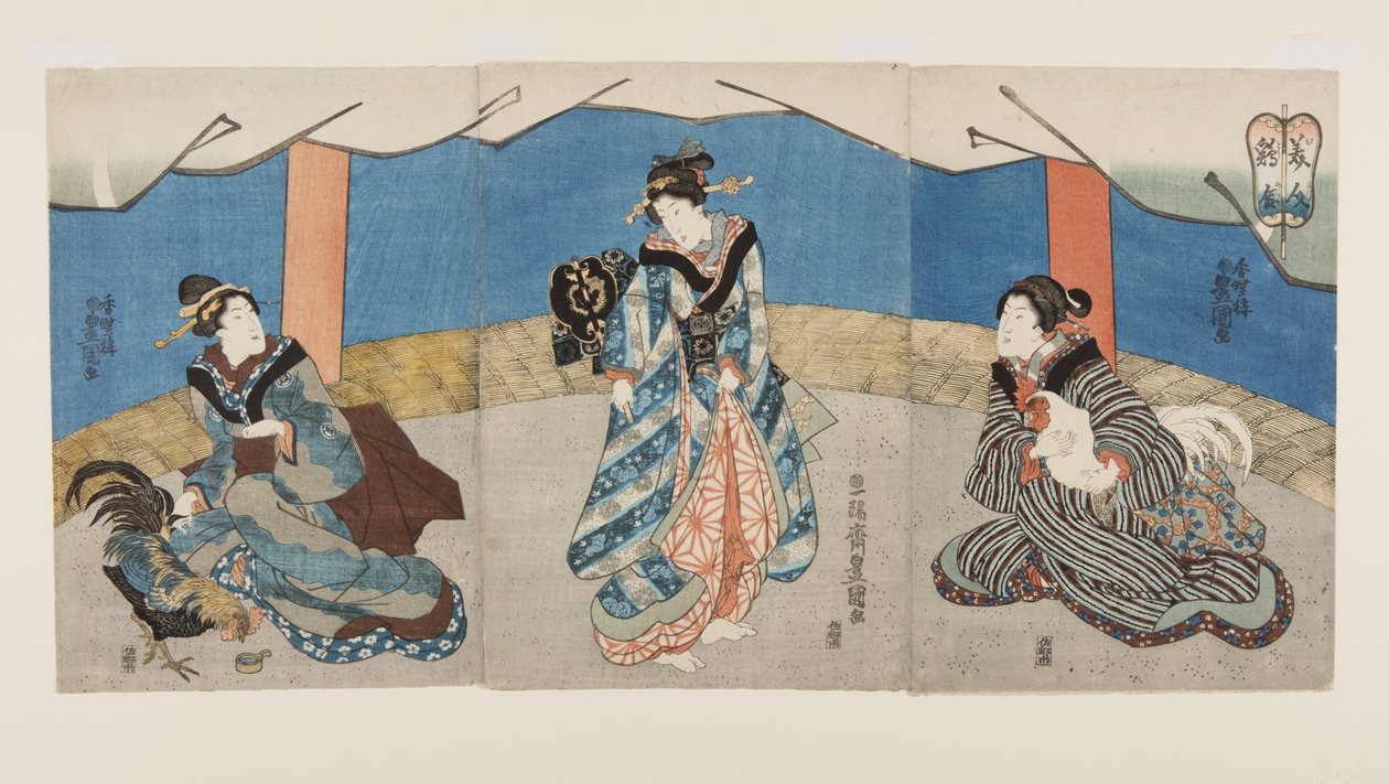 Schoonheden tijdens een hanengevecht (kleur houtsnede) door Utagawa Kunisada