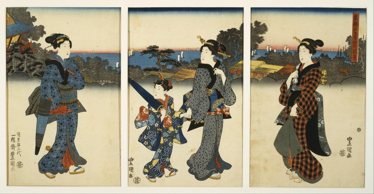 Courtisanes wandelend bij de zee door Utagawa Kunisada