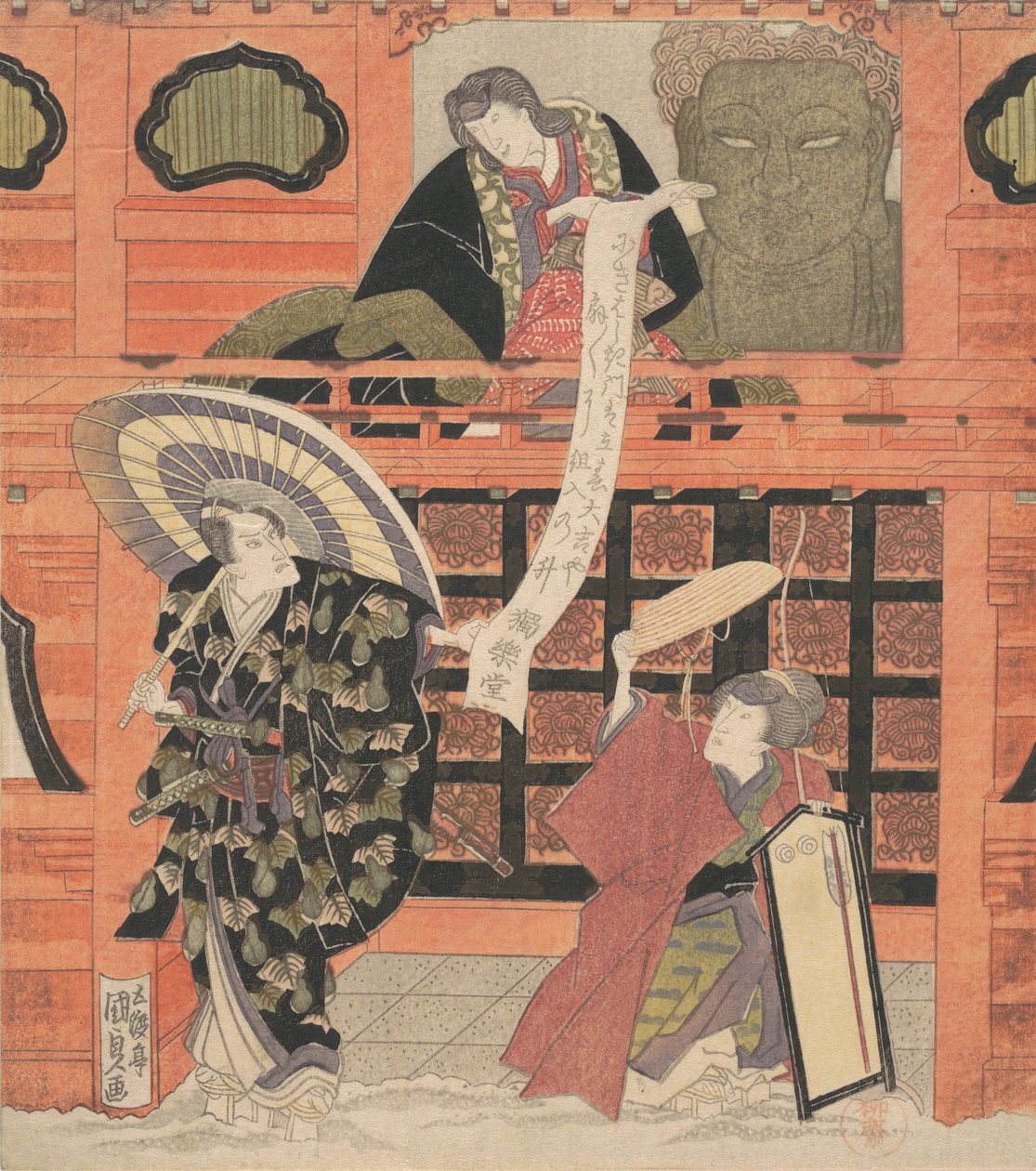 Ichikawa Danjuro VII als Konoshita Tokichi, Nakamura Daikichi als zijn vrouw, en Iwai Hanshiro door Utagawa Kunisada