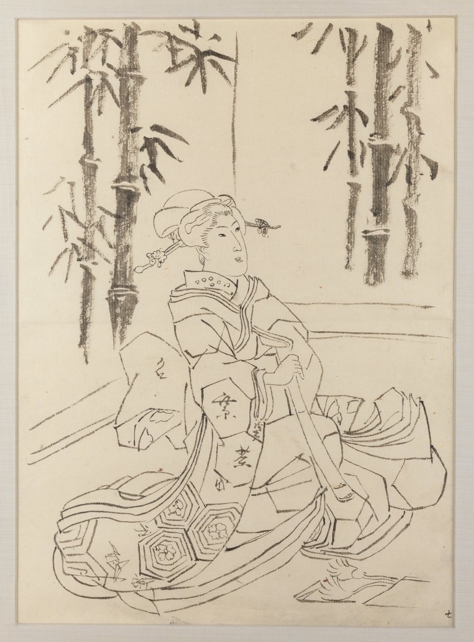 Voorbereidende tekening voor het linkerblad van het drieluik Elegant instrumentaal trio van meisjes door Utagawa Kunisada