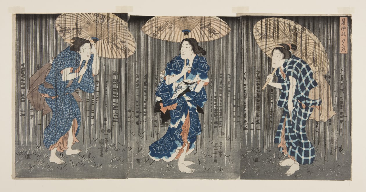 Plotselinge bui in de zomerhitte door Utagawa Kunisada
