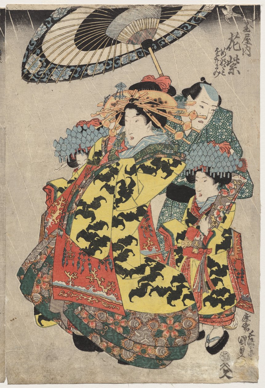 De courtisanes Hanamurasaki en Koshikibu van de Tamaya wandelen in de regen door Utagawa Kunisada