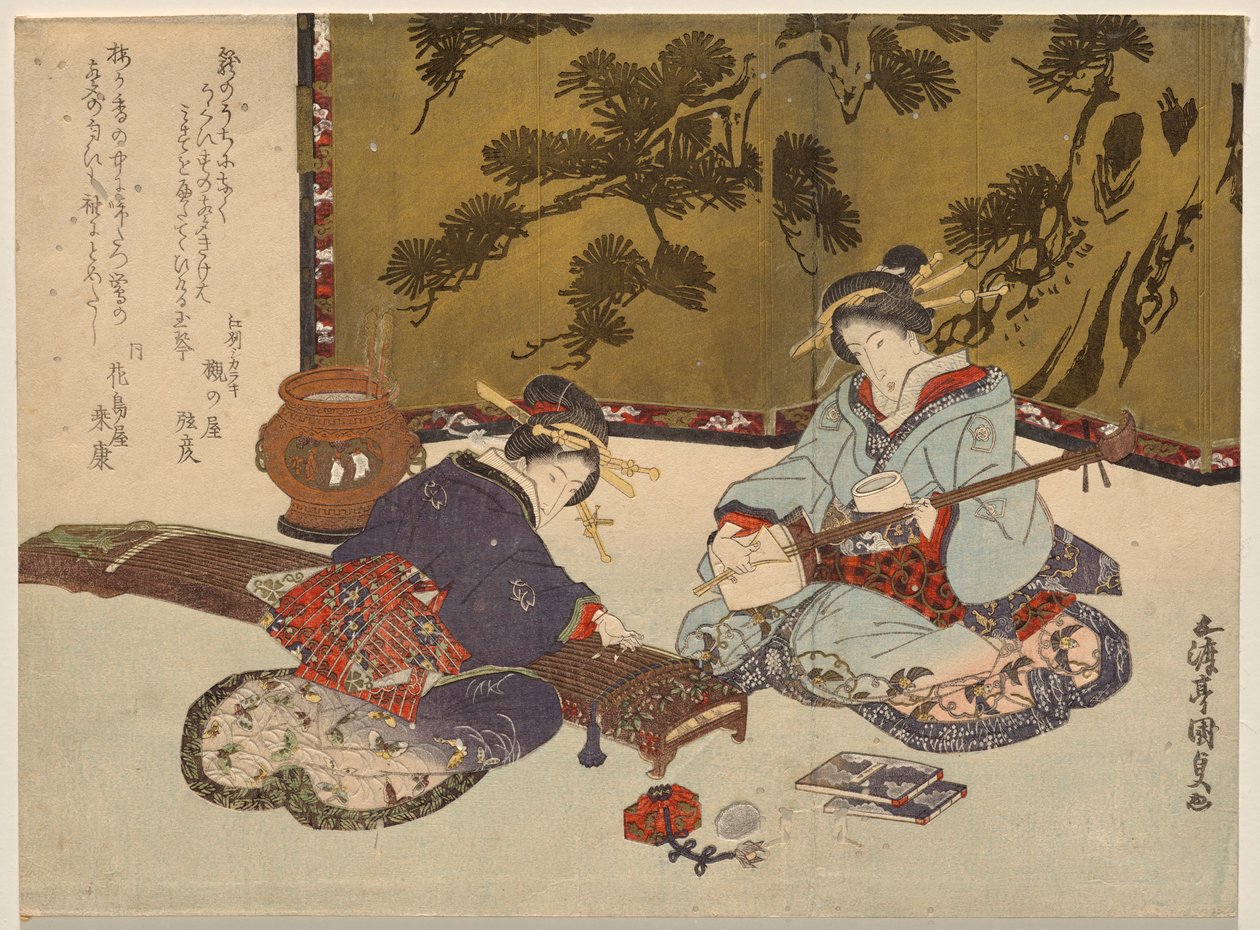 Twee Courtisanes die Muziekinstrumenten Bespelen door Utagawa Kunisada