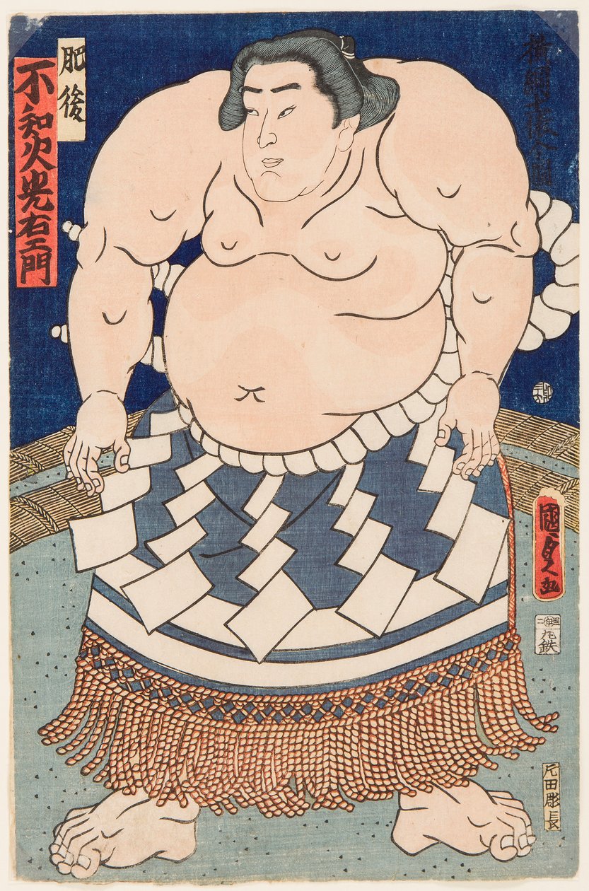 Portret van de sumoworstelaar Shiranui Mitsuemon met een ritueel schort door Utagawa Kunisada II