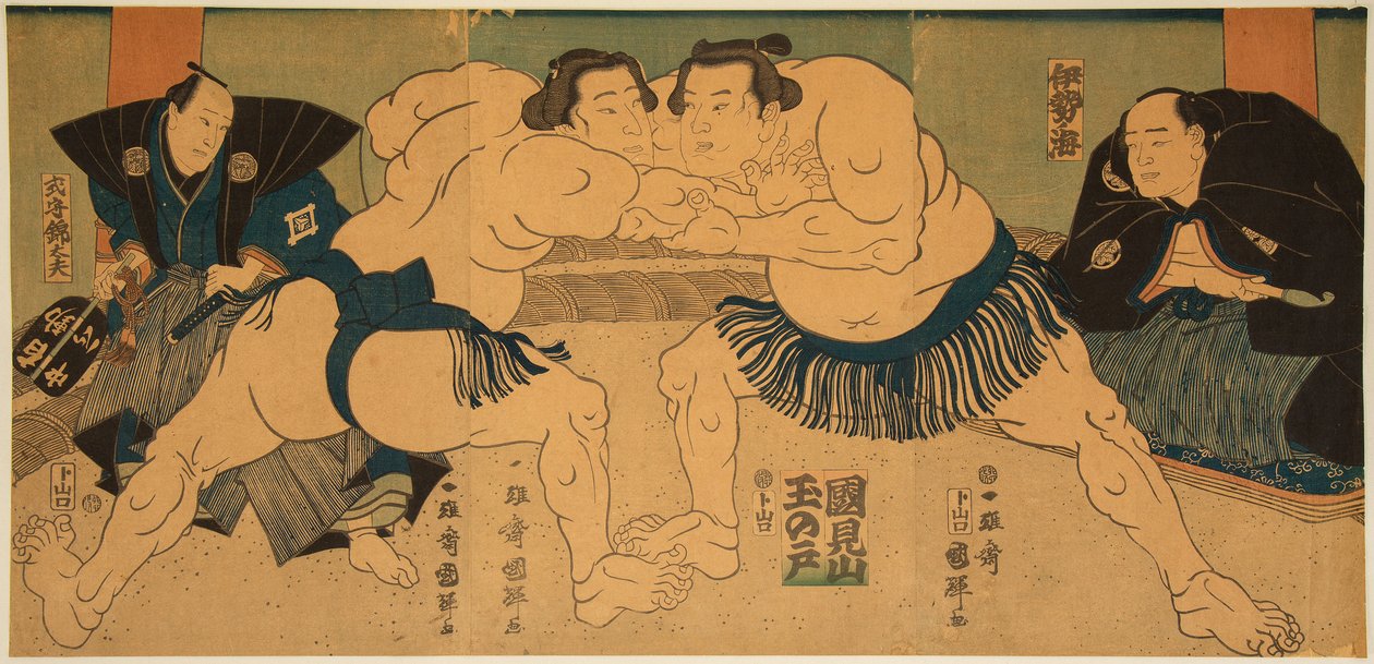 Gevecht van sumoworstelaars, Tagasugo tegen Ayusegawa door Utagawa Kuniteru