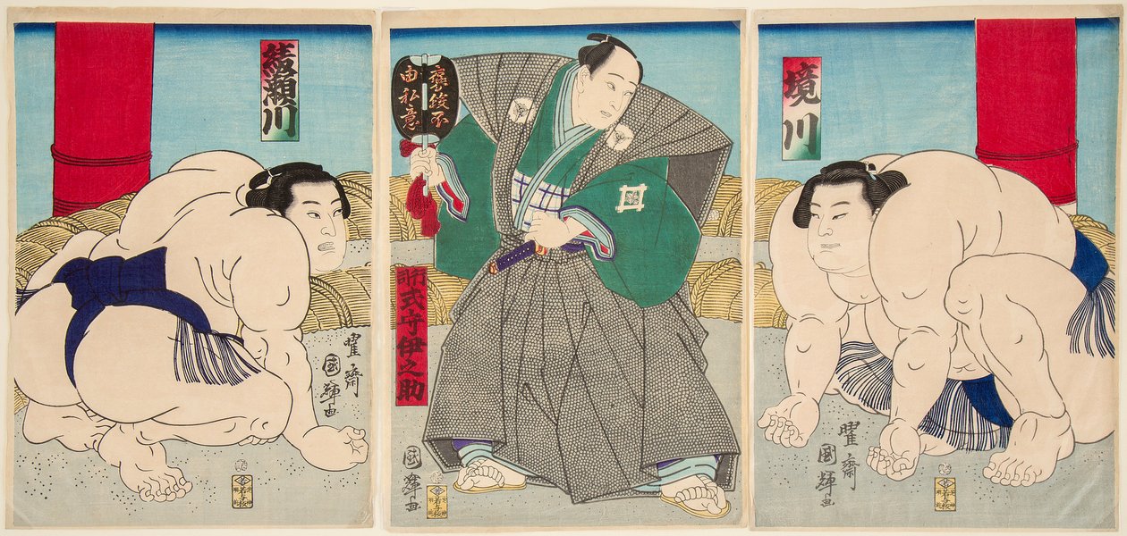 Gevecht van de sumoworstelaars Shakaigawa en Ayasemawa door Utagawa Kuniteru