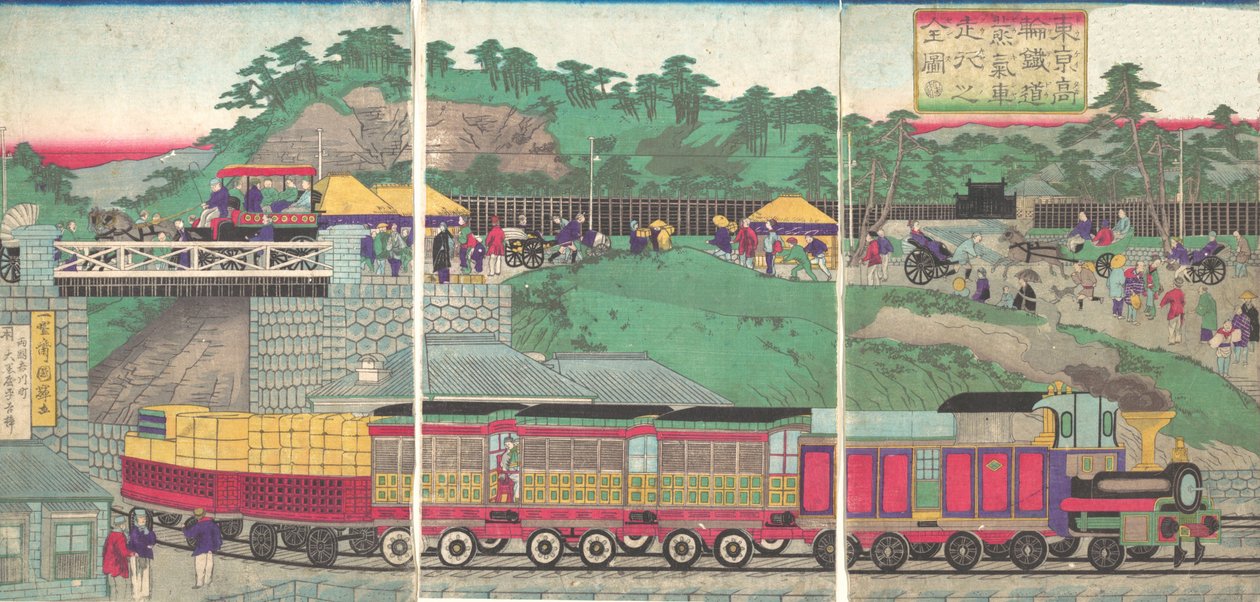 Illustratie van een stoomlocomotief die rijdt op de Takanawa-spoorweg in Tokio, ca. 1873 door Utagawa Kuniteru