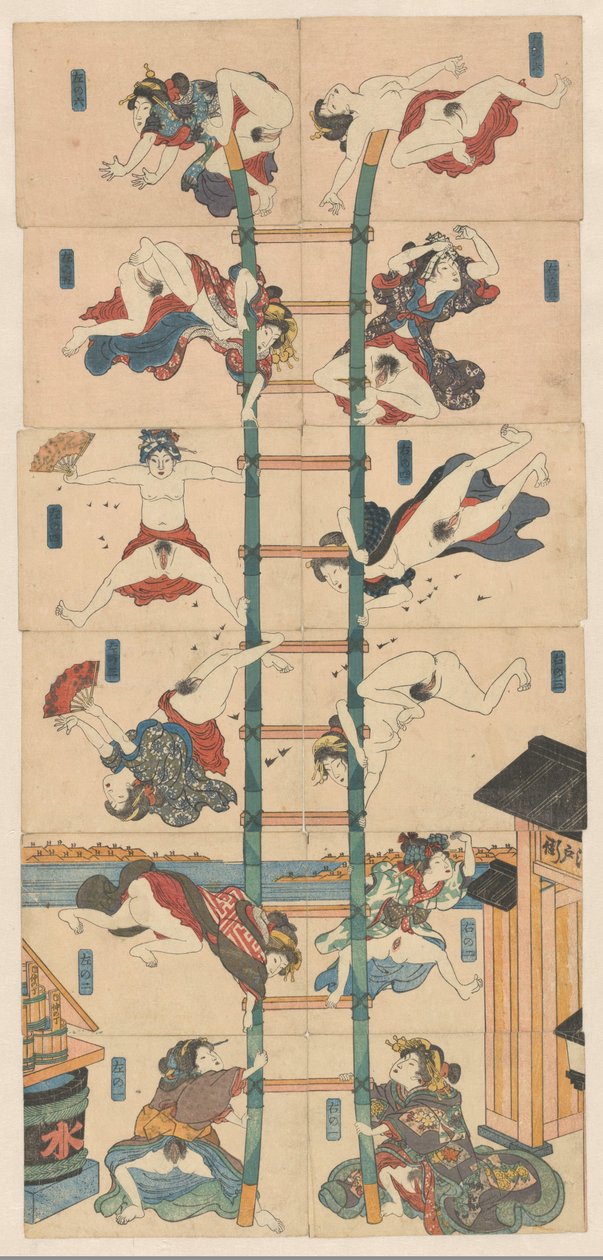 Serie van twaalf koban Shunga met prostituees in de rol van acrobatische brandweerlieden door Utagawa Kuniyoshi (school of)