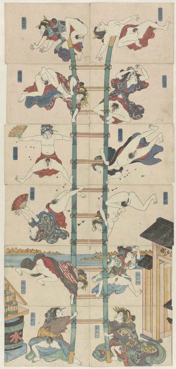 Serie van twaalf koban Shunga met prostituees in de rol van acrobatische brandweerlieden door Utagawa Kuniyoshi (school of)