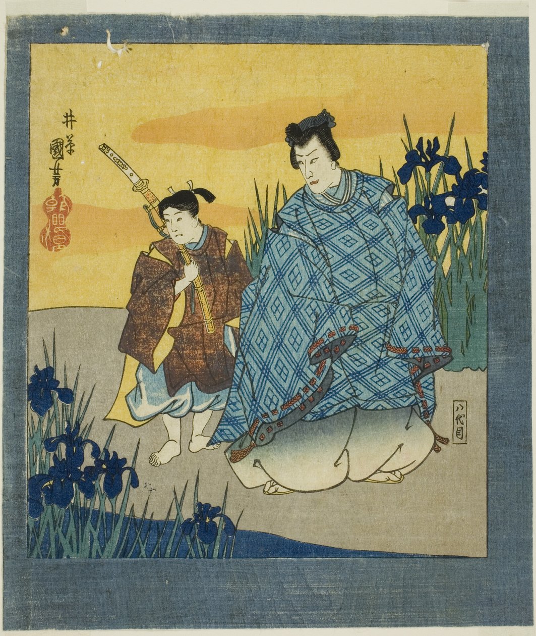 Acteur Ichikawa Danjuro VIII als Narihira in Yatsuhashi uit "Een zesvoudig scherm van beroemde afbeeldingen (Meiga rokushi byobu)". door Utagawa Kuniyoshi