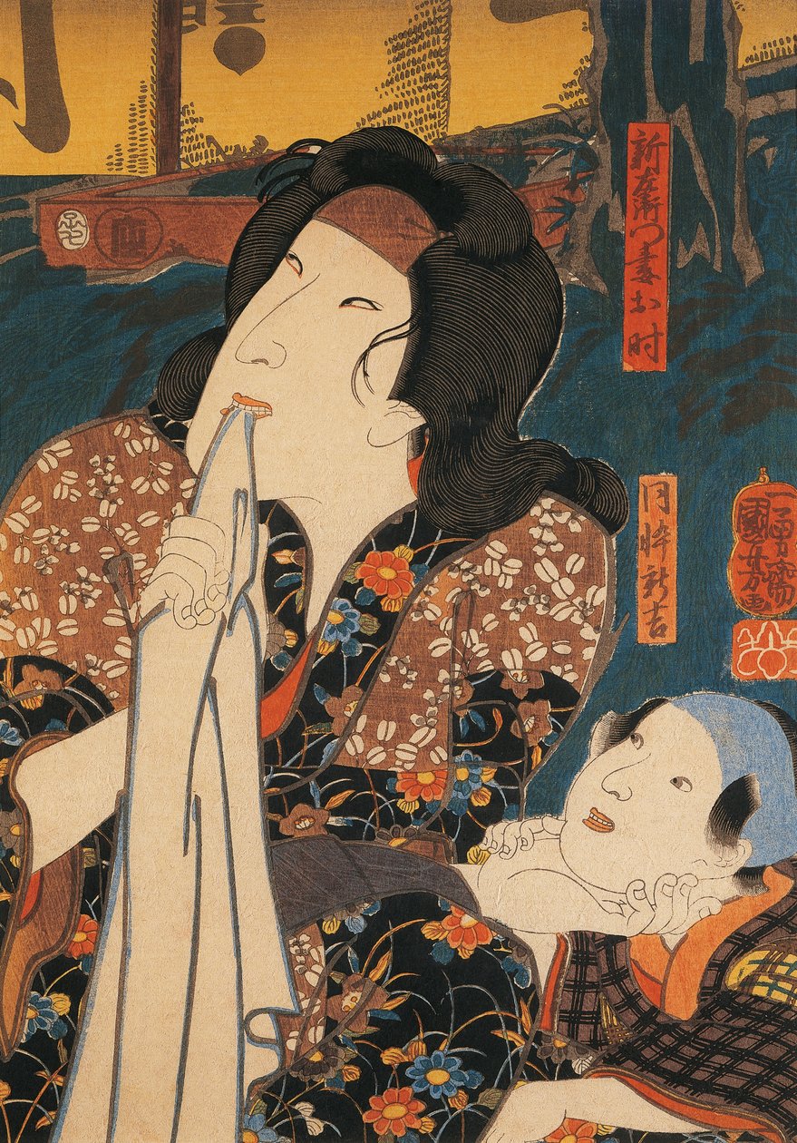 Acteur in peinzende pose naast kind door Utagawa Kuniyoshi