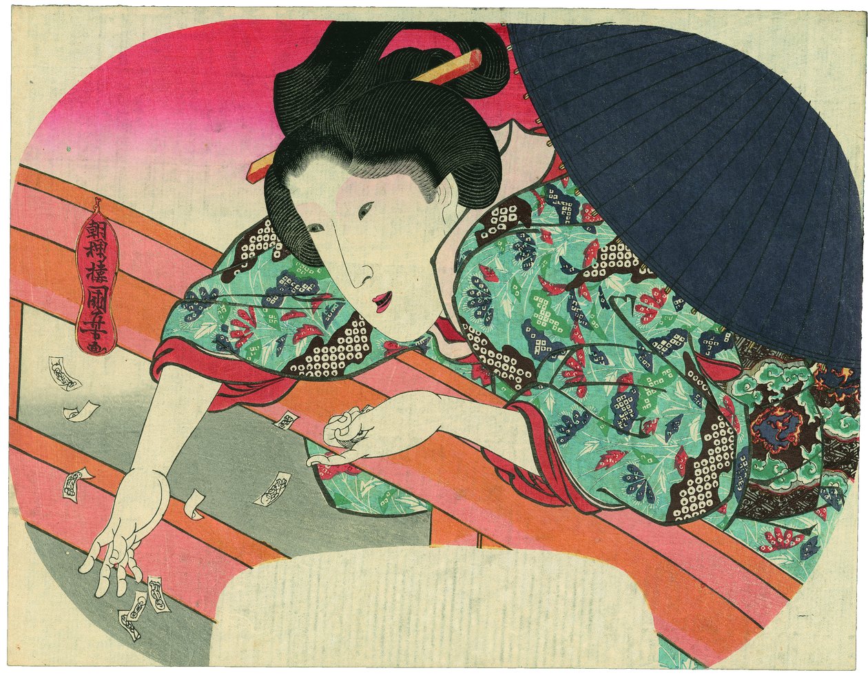 Een schoonheid werpt gebedsbriefjes voor de bodhisattva Jizō in de Sumida-rivier om de geesten van de verdronkenen te kalmeren door Utagawa Kuniyoshi