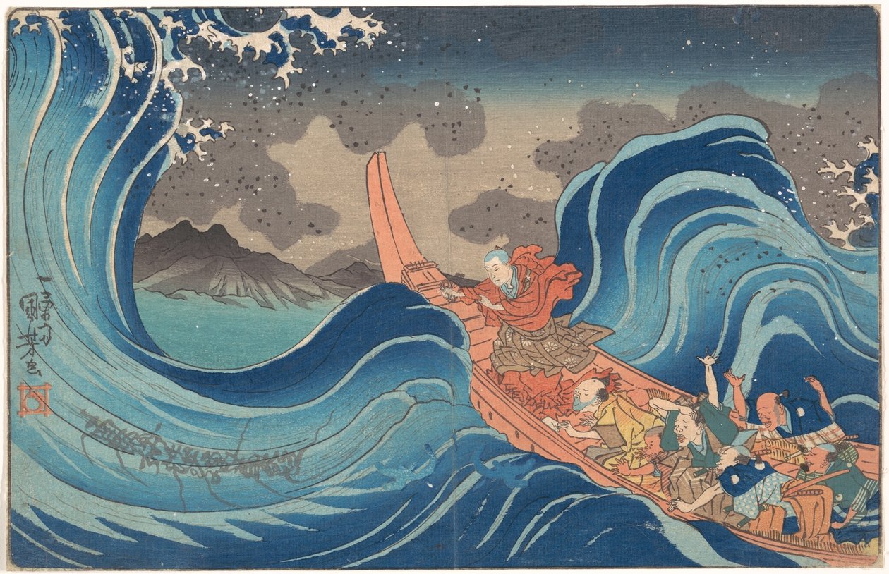 Beknopte, geïllustreerde biografie van monnik Nichiren: Het tot rust brengen van de woeste zee bij Tsunoda tijdens zijn ballingschap op het eiland Sado door Utagawa Kuniyoshi