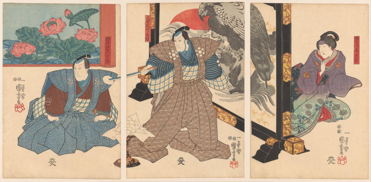 Drie acteurs bij een kamerscherm door Utagawa Kuniyoshi