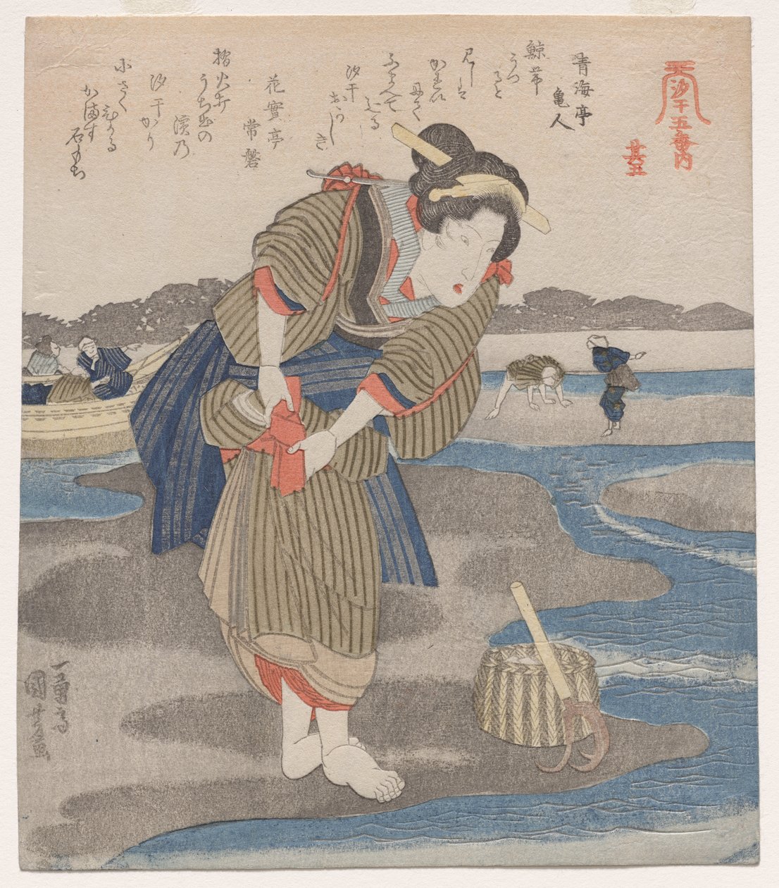 Vrouw die haar rokken vastmaakt; uit de serie Vijf afbeeldingen van eb door Utagawa Kuniyoshi