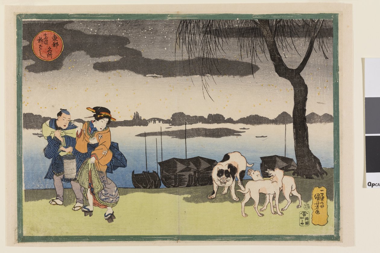 Geisha, Bediende en Drie Honden bij Yanagi-brug in Ryogoku, uit de serie Beroemde Zichten van de Oostelijke Hoofdstad, c.1834 door Utagawa Kuniyoshi