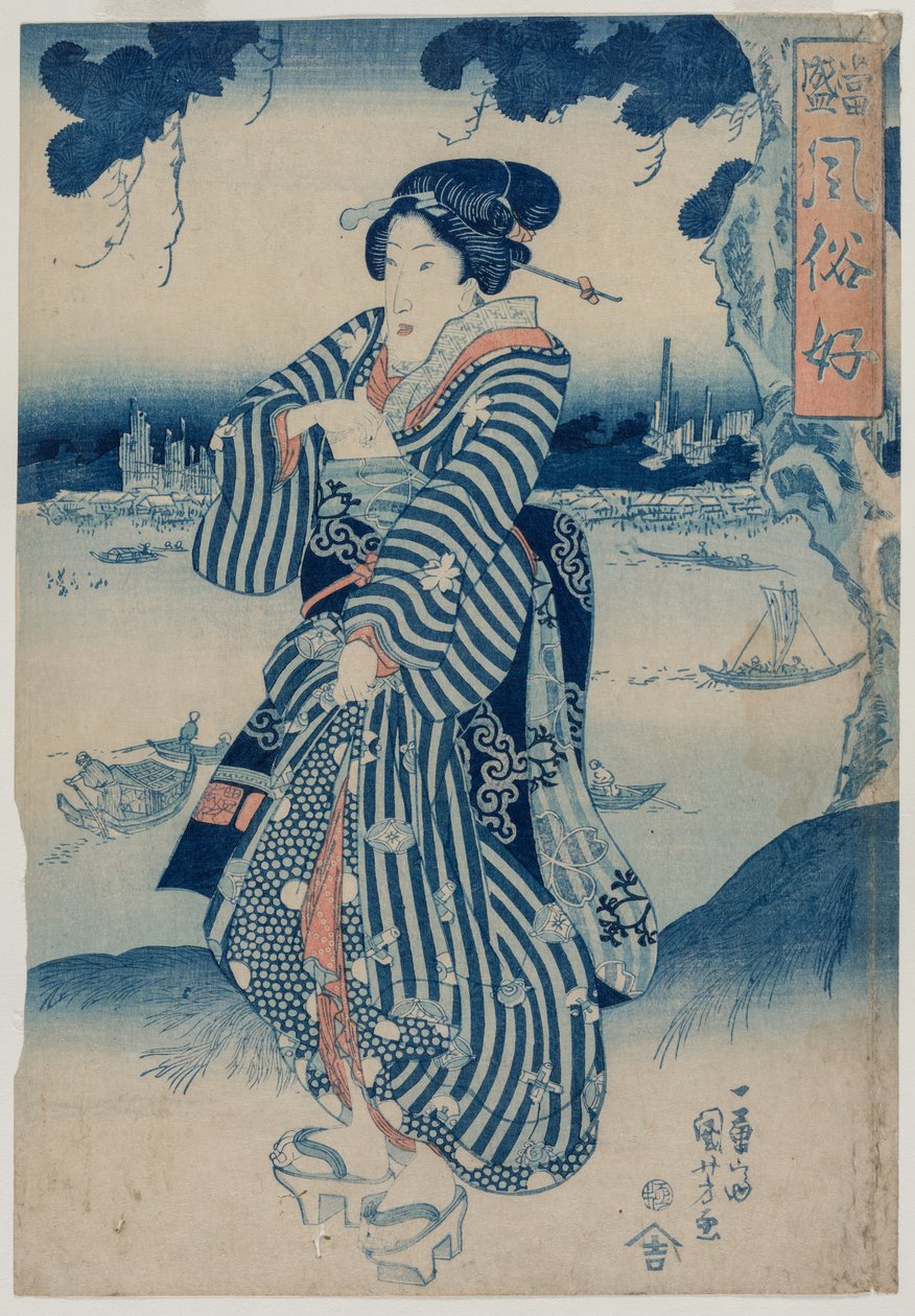 Geisha Staand aan de Oever van de Sumida Rivier (uit de serie Mensen die van de Nieuwste Mode en Manieren Houden) door Utagawa Kuniyoshi
