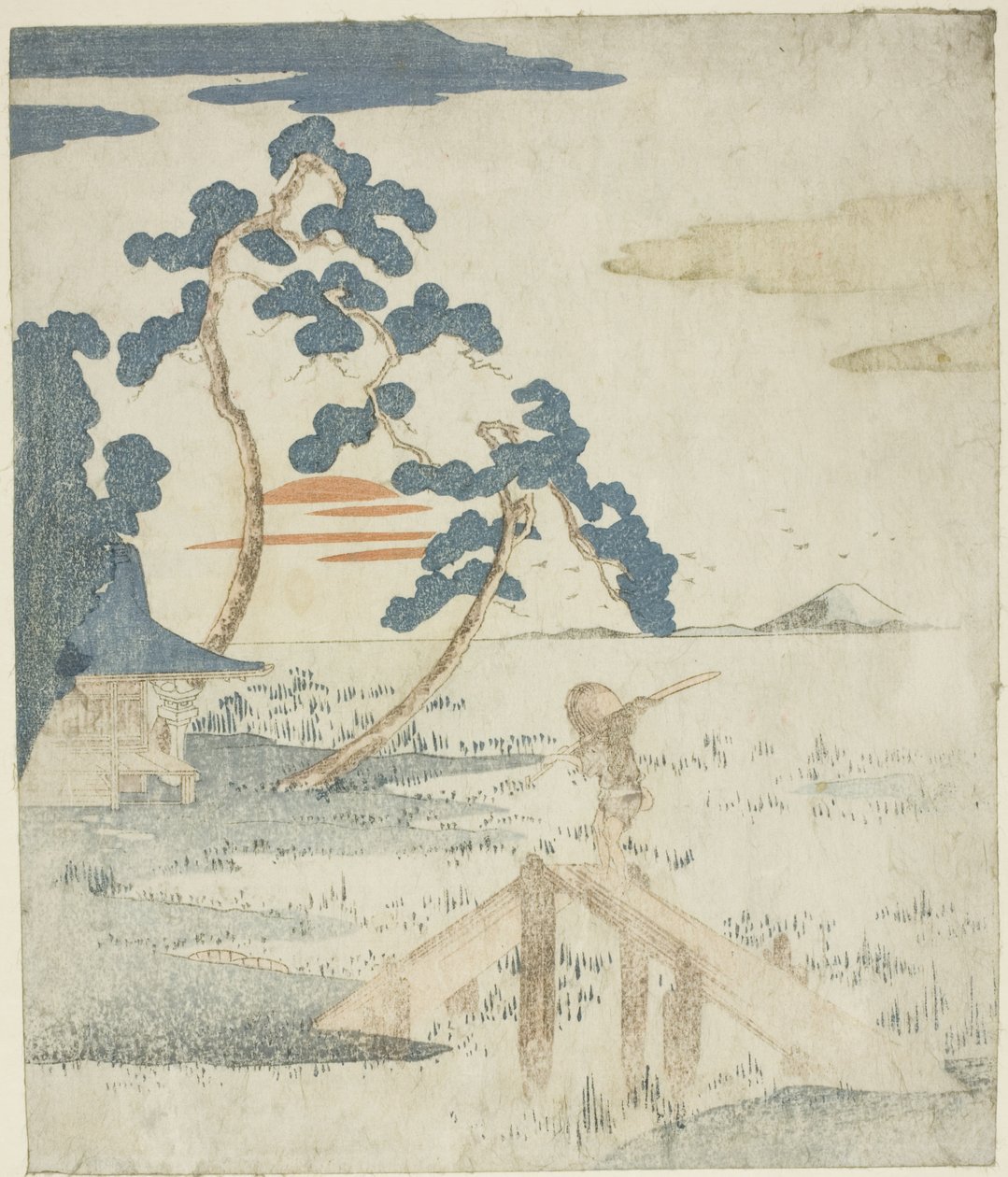 Man die een Brug Oversteekt bij Zonsopgang, uit een ongetitelde editie (zonder poëzie) van de illustraties voor de serie "Vijf Afdrukken van de Fuji-berg (Fuji goban no uchi)" door Utagawa Kuniyoshi