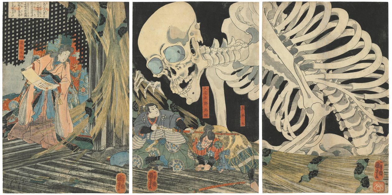 Mitsukuni trotseert het skeletspook opgeroepen door prinses Takiyasha door Utagawa Kuniyoshi