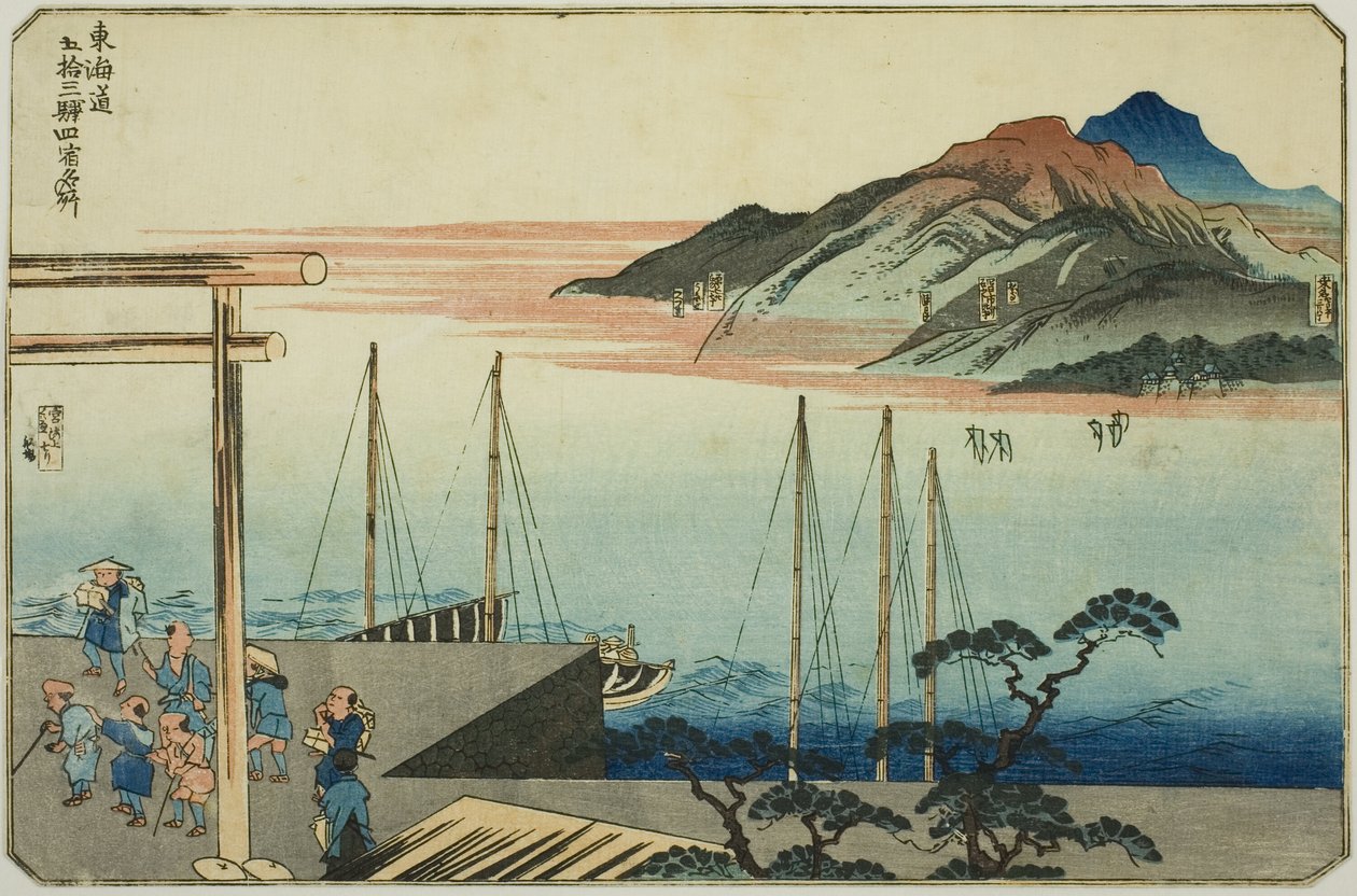 Miya, Kuwana, Yokkaichi en Ishiyakushi, uit de serie "Beroemde plaatsen op de drieënvijftig stations van de Tokaido, Vier stations (Tokaido gojusan eki yonshuku meisho)" door Utagawa Kuniyoshi