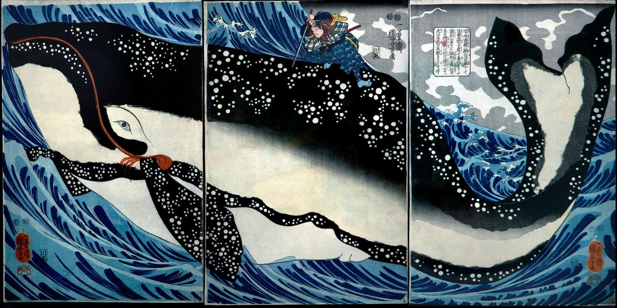 Miyamoto Musashi doodt een enorme walvis, ca.1847 door Utagawa Kuniyoshi