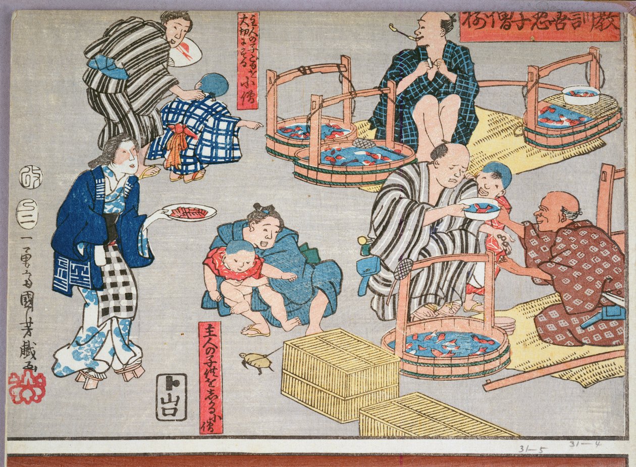 Morele lessen voor winkeljongens, goede en slechte voorbeelden van gedrag, 1857 door Utagawa Kuniyoshi