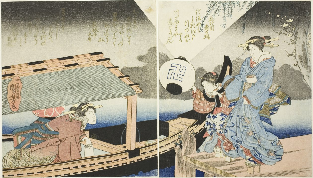 Nachtelijke scène aan boord van een plezierboot door Utagawa Kuniyoshi