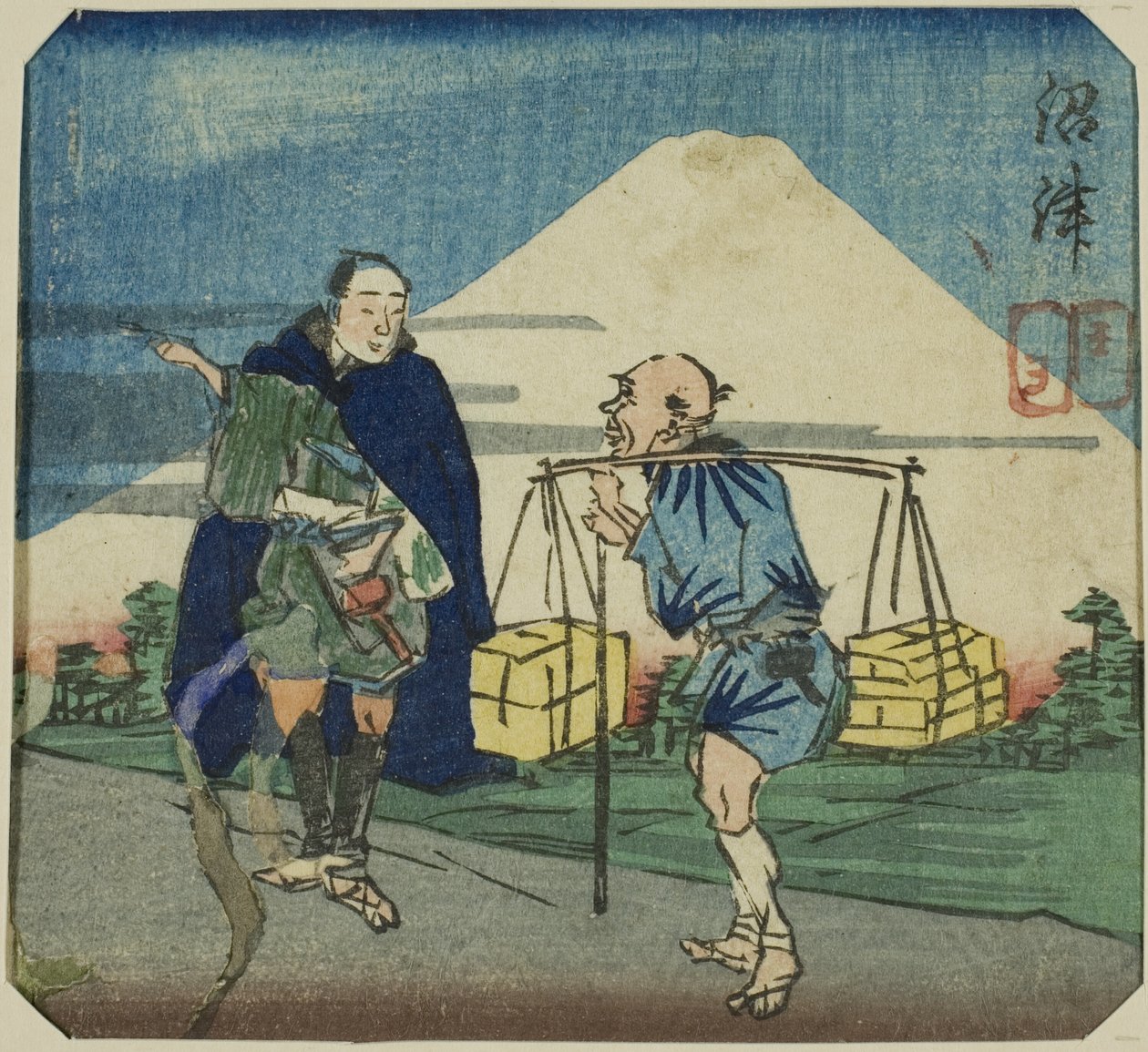 Numazu, deel van een blad uit de serie "Een Harimaze Spiegel van Joruri Spelen (Harimaze joruri kagami)" door Utagawa Kuniyoshi