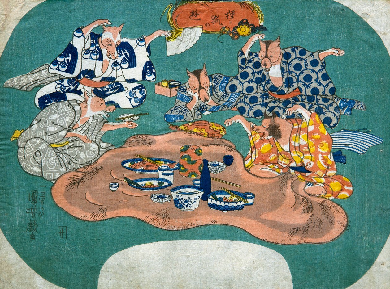 Wasbeerhond en Vos aan het Spelen (Tanuki to kitsune no asobi), ca.1842 door Utagawa Kuniyoshi