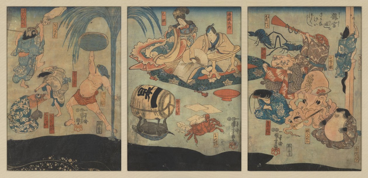 Zeedieren vermaken Urashima Tarō en Oto Hime in het Drakenpaleis door Utagawa Kuniyoshi