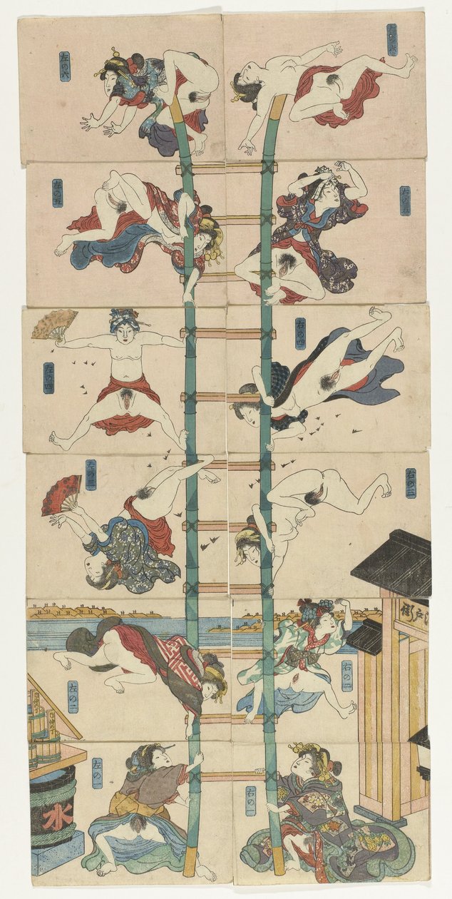 Serie van twaalf koban Shunga met prostituees in de rol van acrobatische brandweerlieden door Utagawa Kuniyoshi
