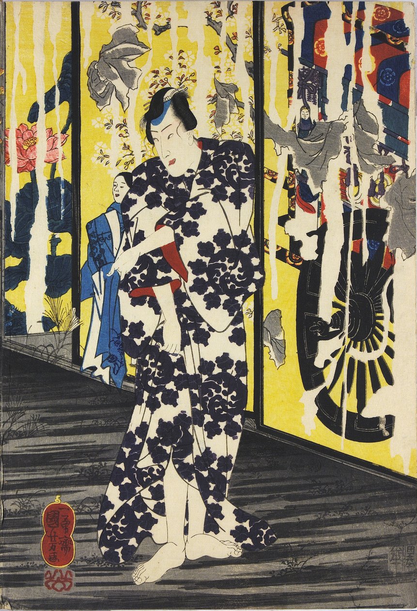 Blad uit een kleuren houtsnede drieluik getiteld Imayo Teru-uji furudera no kozu (Moderne Teruuji in een Oud Beeld in een Oude Tempel), met een scène in een vervallen tempel bij maanlicht met gescheurde en afbladderende fusuma, met Teru-uji die een handdoe door Utagawa Kuniyoshi
