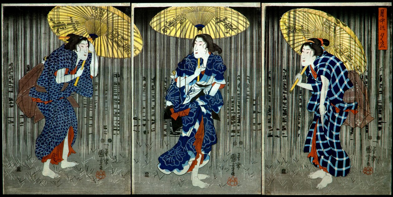 Plotselinge bui in de zomerhitte door Utagawa Kuniyoshi