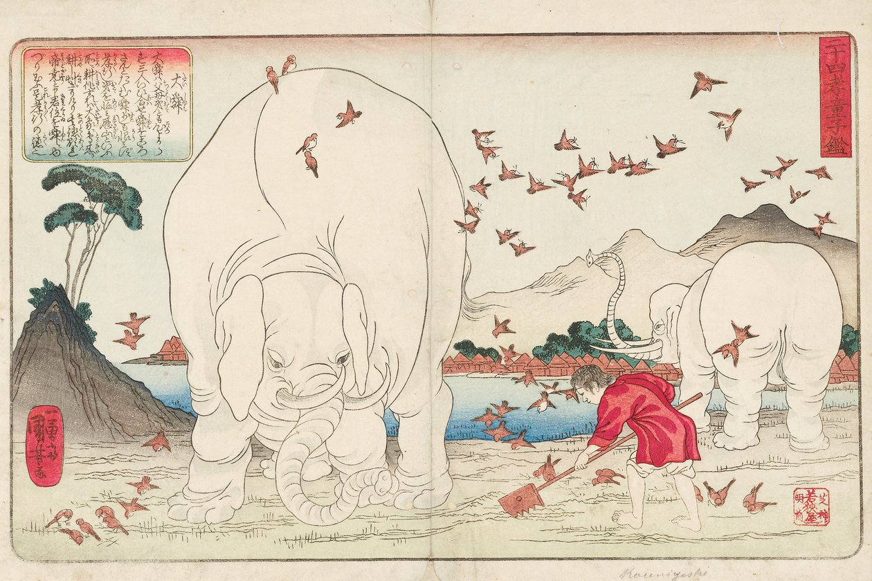 Taishun ploegt een veld met de hulp van olifanten en een zwerm mussen, gesigneerd Ichiyusai Kuniyoshi ga, c.1843 door Utagawa Kuniyoshi